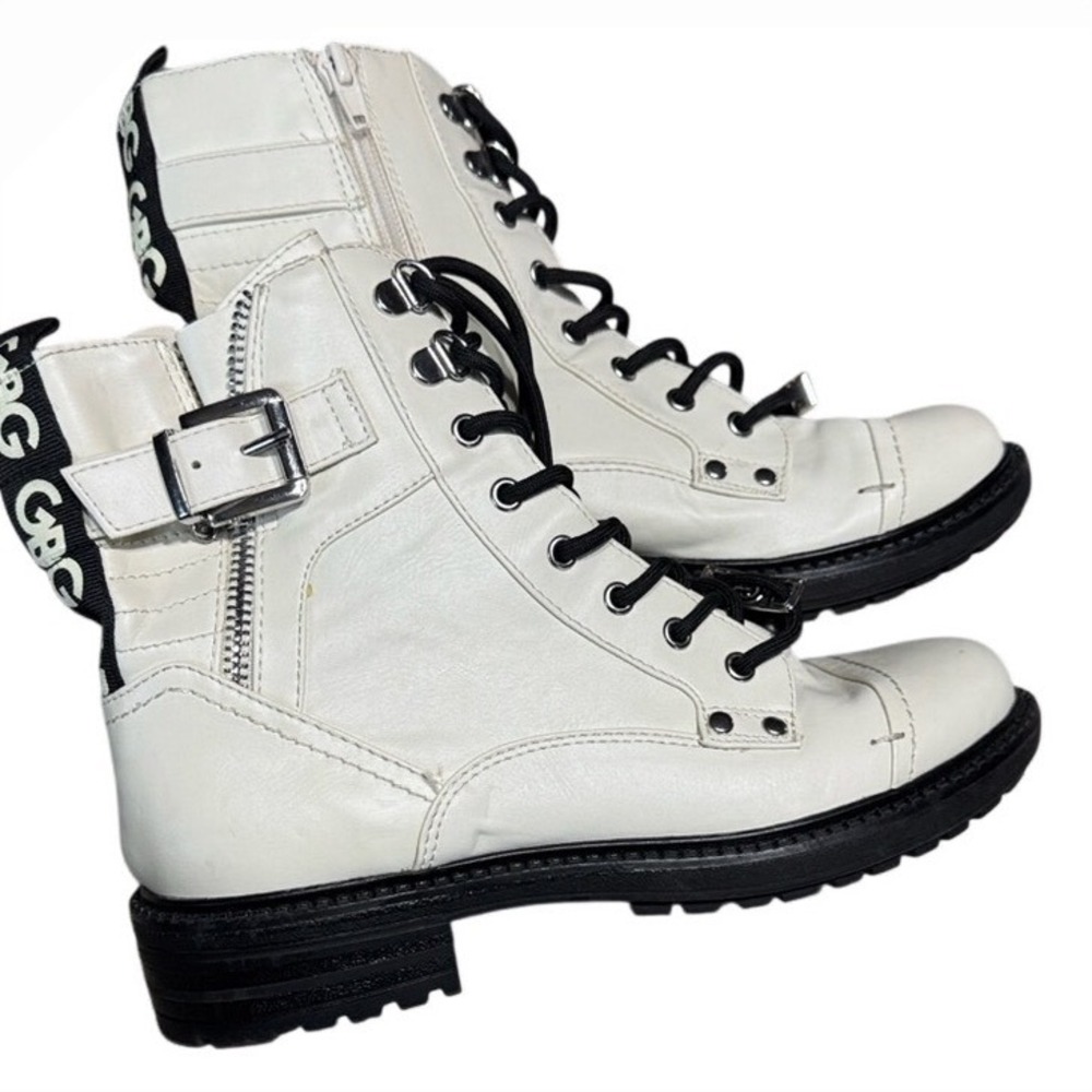 GBG Los Angeles Womens‎ 6.5 White Combat Moto Boots Side Zip Lace Up Lug Sole